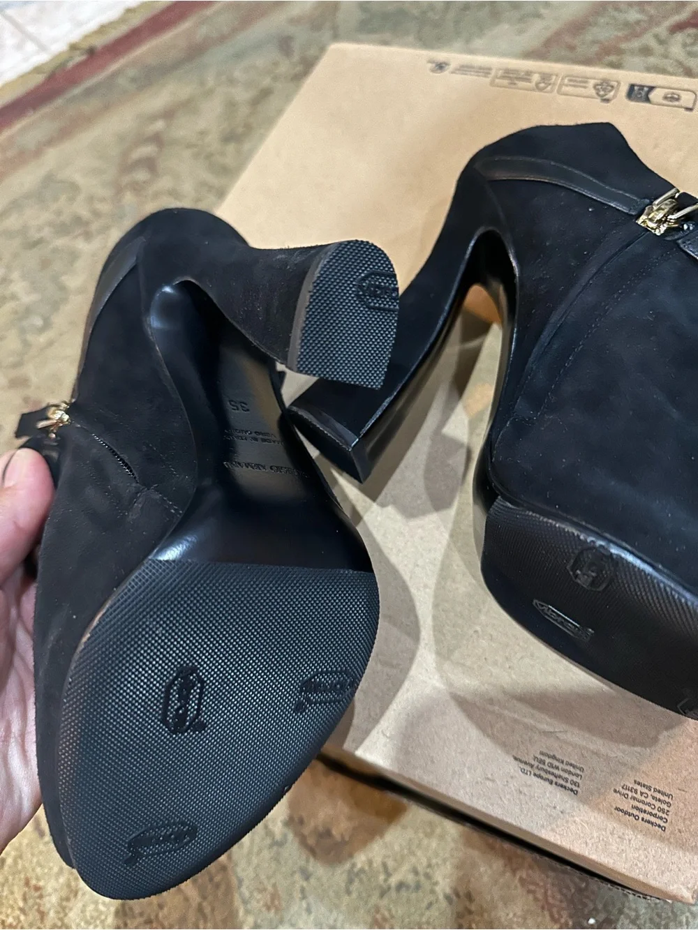 Giorgio Armani Black Suede Peep-Toe Ankle Booties with Gold Buckle Size 35
